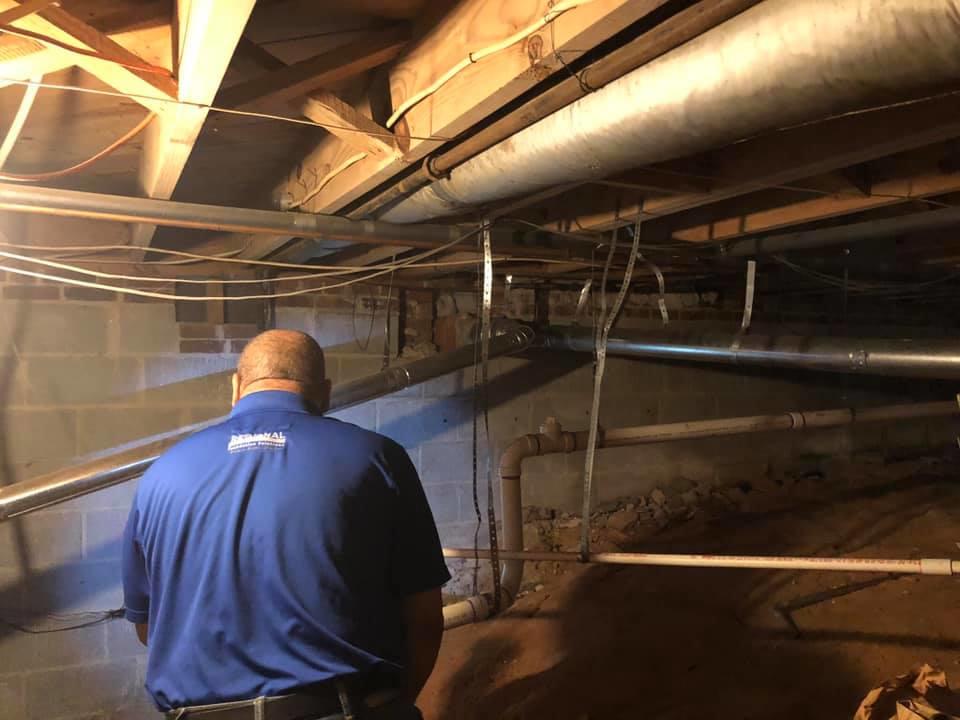 David inspecting how water is coming into the crawl space and basement to offer a solution.