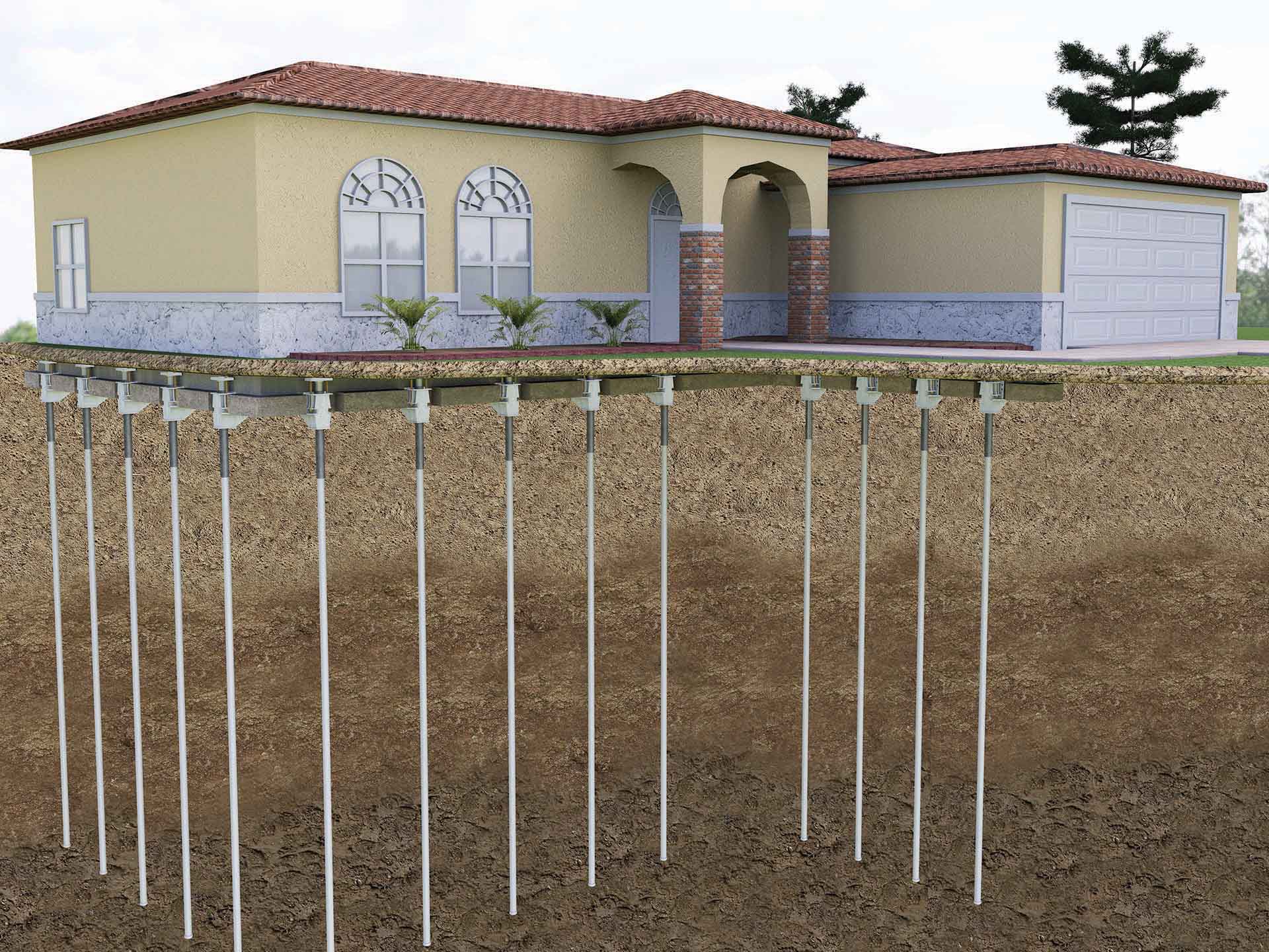 push pier system under stucco house cross section